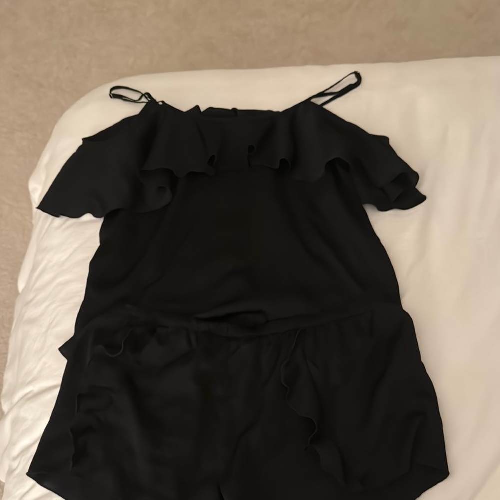 Black Ruffled Off-Shoulder Silk Pajamas